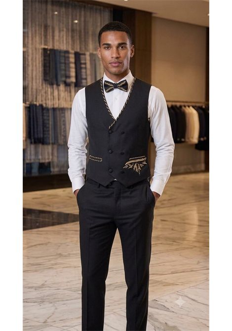 Abito Tre Pezzi Aurum Luxury  Smoking Sartoriale Nero con Preziosi Ricami in Filo d'Oro RAbin | Abiti | ABITO FOGLIENERO/ORO
